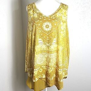 Cato Yellow & Gold Sleeveless Tunic Top, Aysemetrical Sheer Hem, Size 18/20